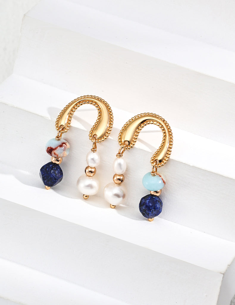 Natural pearl lapis lazuli Shoushan stone earrings