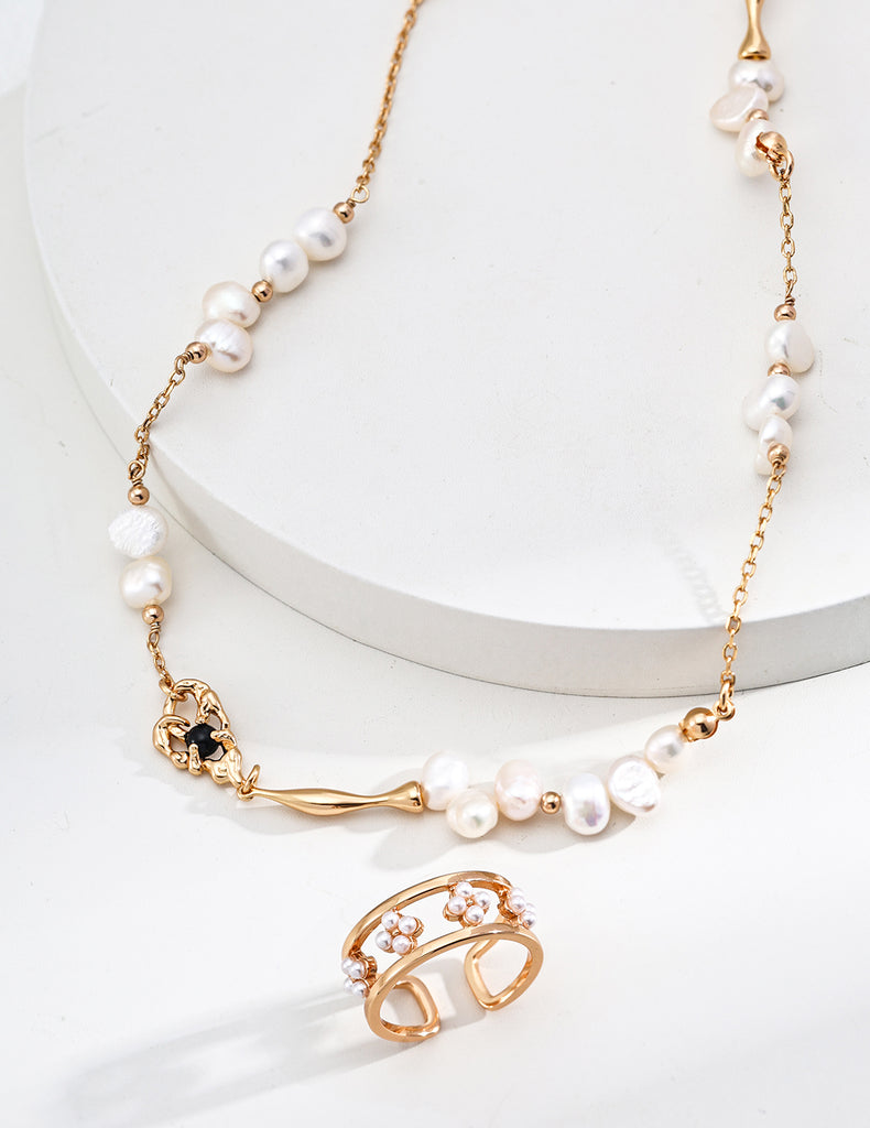 S925 Silver natural pearl onyx necklace