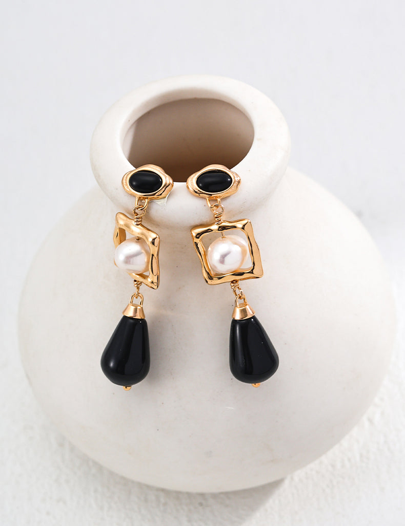 S925 Silver natural pearl onyx earrings